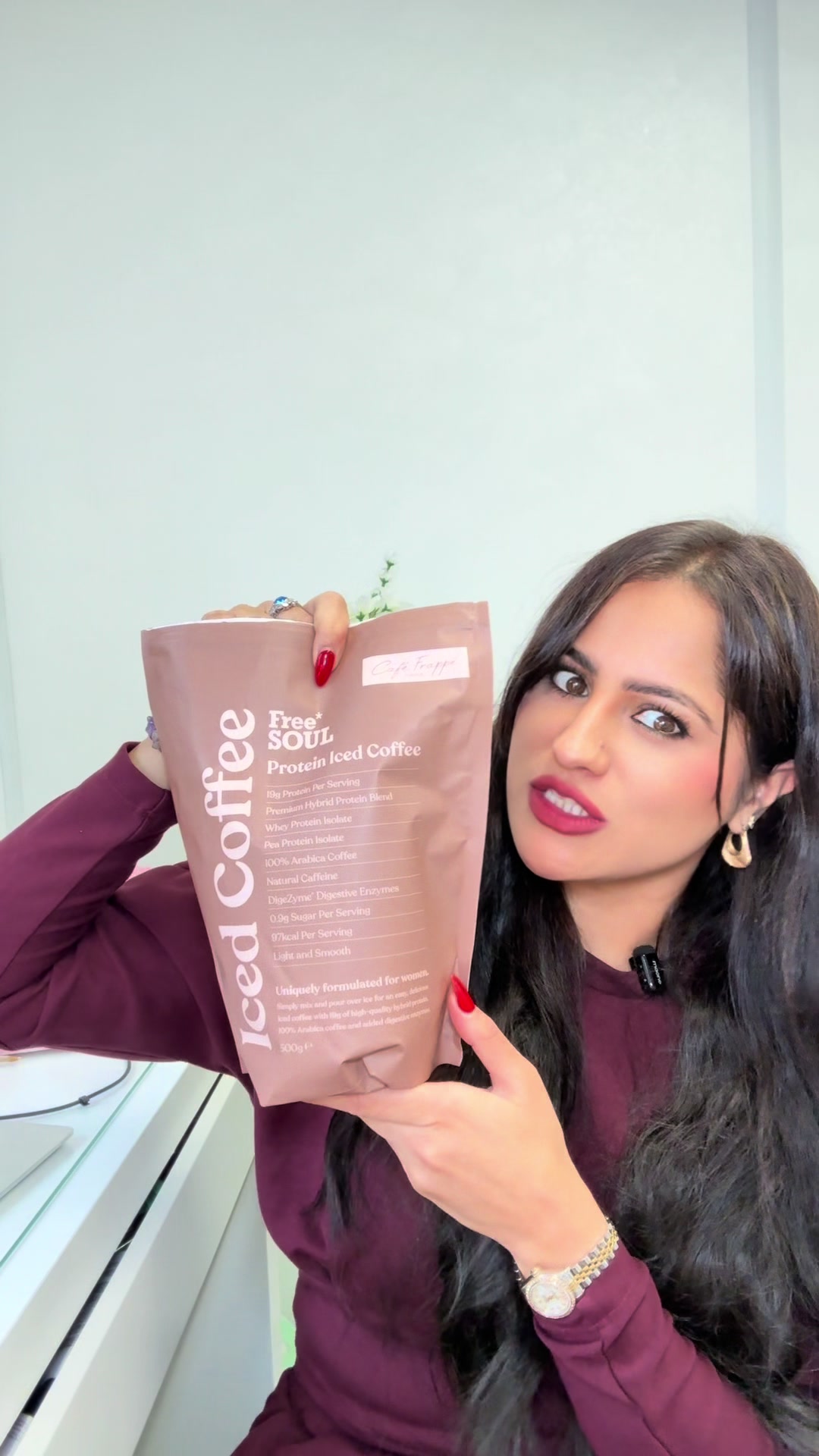 TikTok post by @afshaology for Free Soul. Caption reads: @Free Soul iced protein coffee Power up your day....