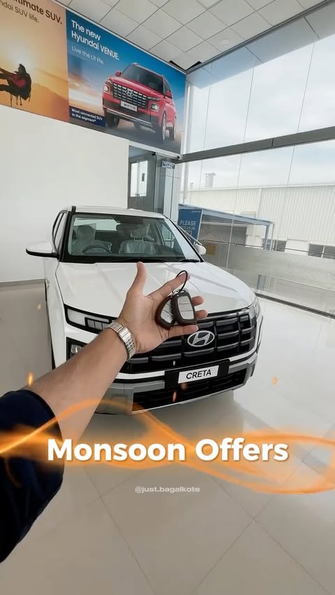 Instagram post by @just.bagalkote for Hyundai Worldwide. Caption reads: 🎥 Lights. Camera. CRETA. 🌧️🚘 Narayan Hyundai....