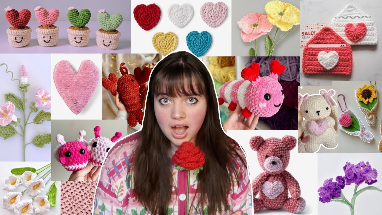 YouTube post by @omazingpaige for Yarnspirations. Caption reads: 50 easy VALENTINES crochet ideas with free....