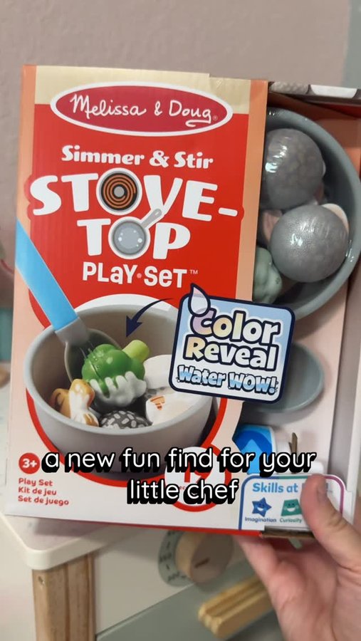 Instagram post by @trendyfavefinds for Melissa & Doug. Caption reads: My girls loved this! New color reveal stovetop....
