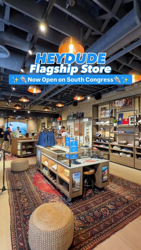 Instagram post by @austinfoodstagram for HEYDUDE. Caption reads: Howdy, @heydude 🤠 Welcome to South Congress! Our....