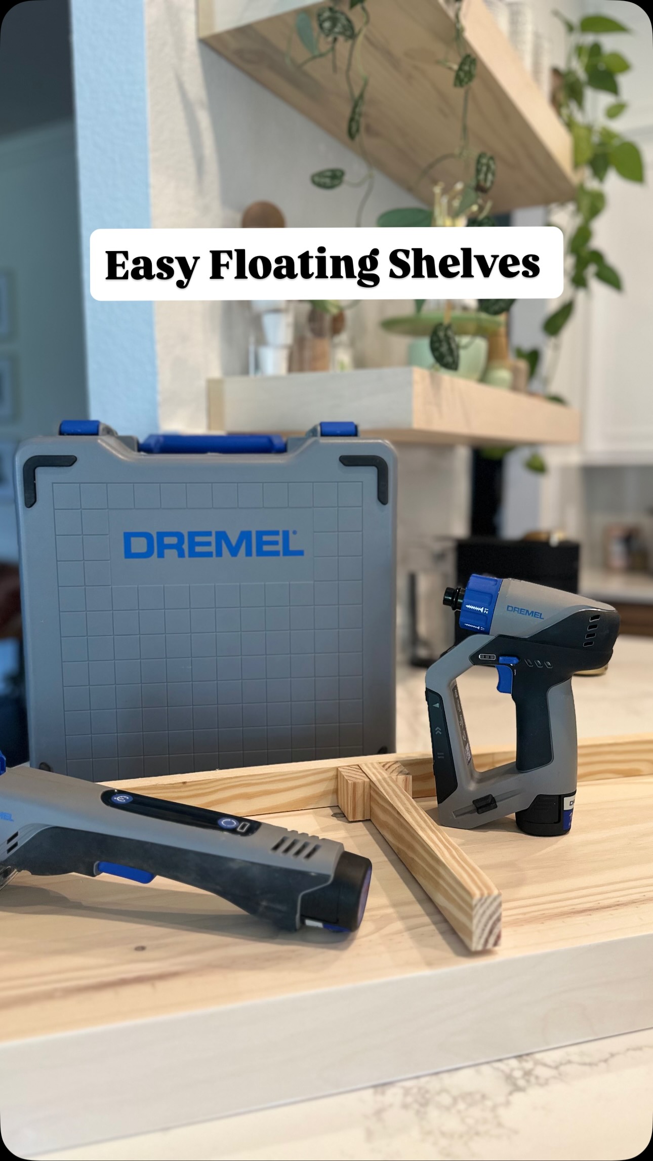 Instagram post by @emyludesigns for Dremel. Caption reads: Easiest floating shelves DIY �
� Comment “tool”....