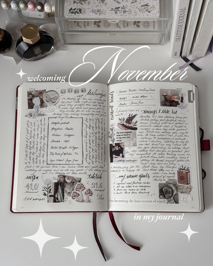 Instagram post by @bliss.journaling for Ferris Wheel Press. Caption reads: hi november. ☁️

(monthly overview idea inspired....