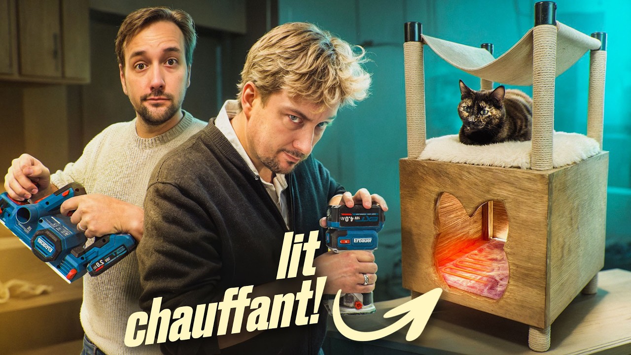 YouTube post by @lesfrerespoulain for Thingiverse. Caption reads: We're building the most LUXURIOUS CAT TREE in the....