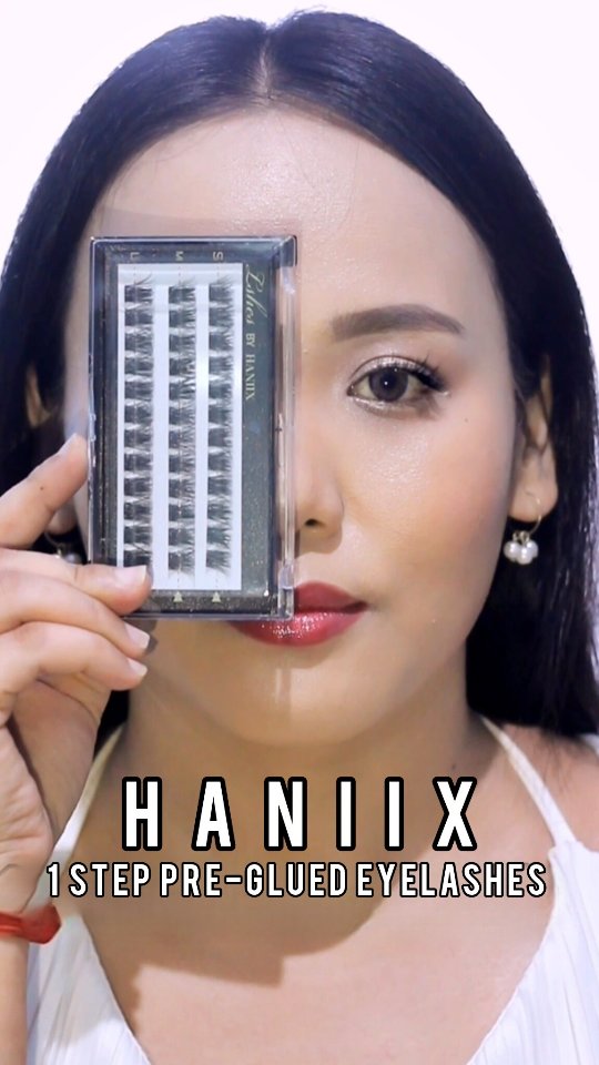 Instagram post by @hellogorgeousarts for Haniix. Caption reads: 1 Pre-glued eyelashes @haniix_official 1-Step....