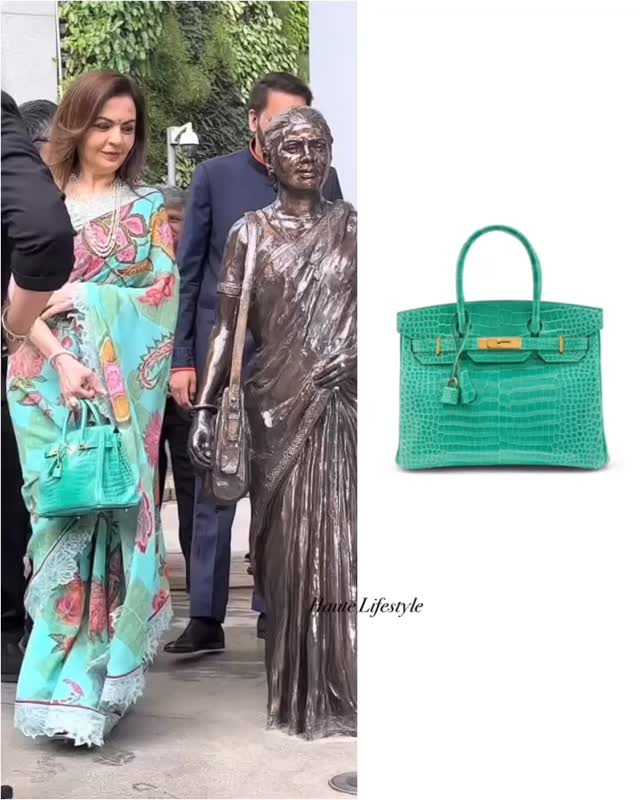 Instagram post by @hautelifestyleofficial for Hermès. Caption reads: #NitaAmbani spotted holding @hermes 30 Birkin in....