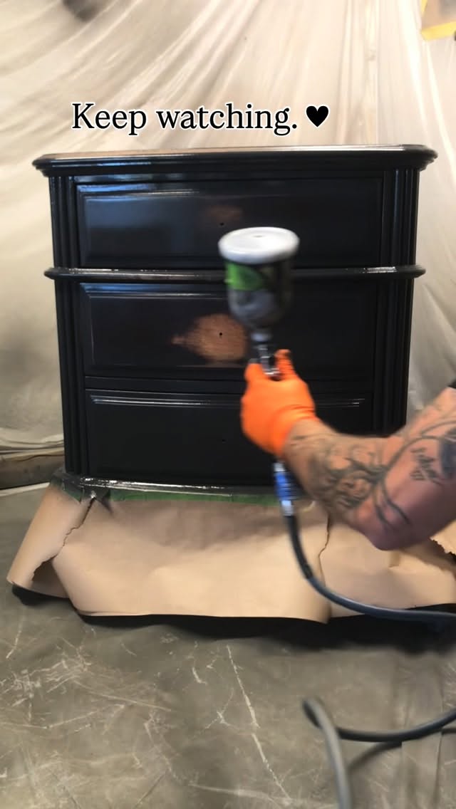 Instagram post by @shabbychicflipsbyangelina for Benjamin Moore. Caption reads: Sprayed to perfection — where prep meets patience....