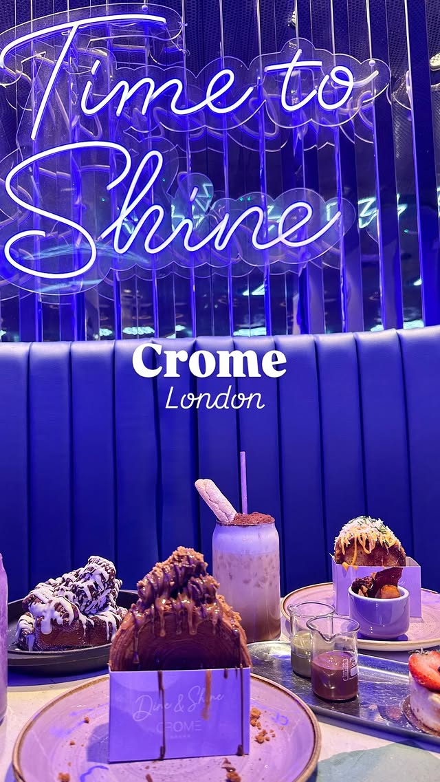 Instagram post by @ratravelgram for Crome London. Caption reads: Experience the indulgent desserts at @crome.london....