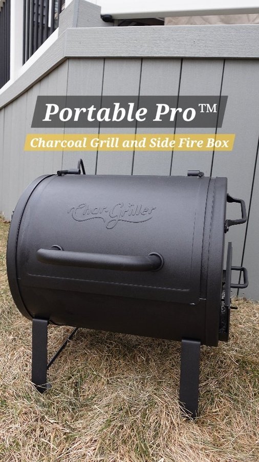 Instagram post by @smoke_stone_cuisine for Char-griller. Caption reads: [...] Charcoal Grill and Side Fire Box from....