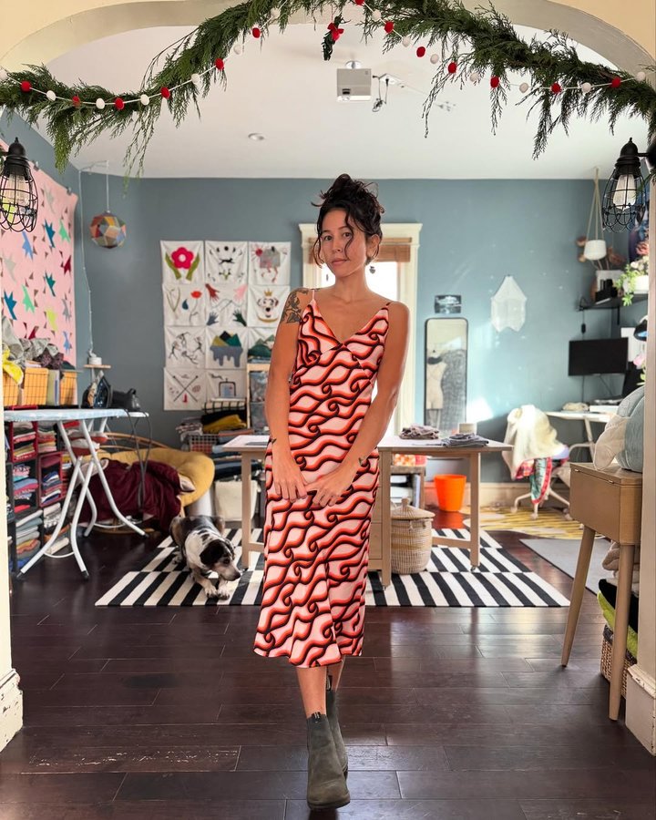 Instagram post by @leila.makes for The Fabric Store. Caption reads: 📣 redemption bias slip dress is here 📣

don’t....