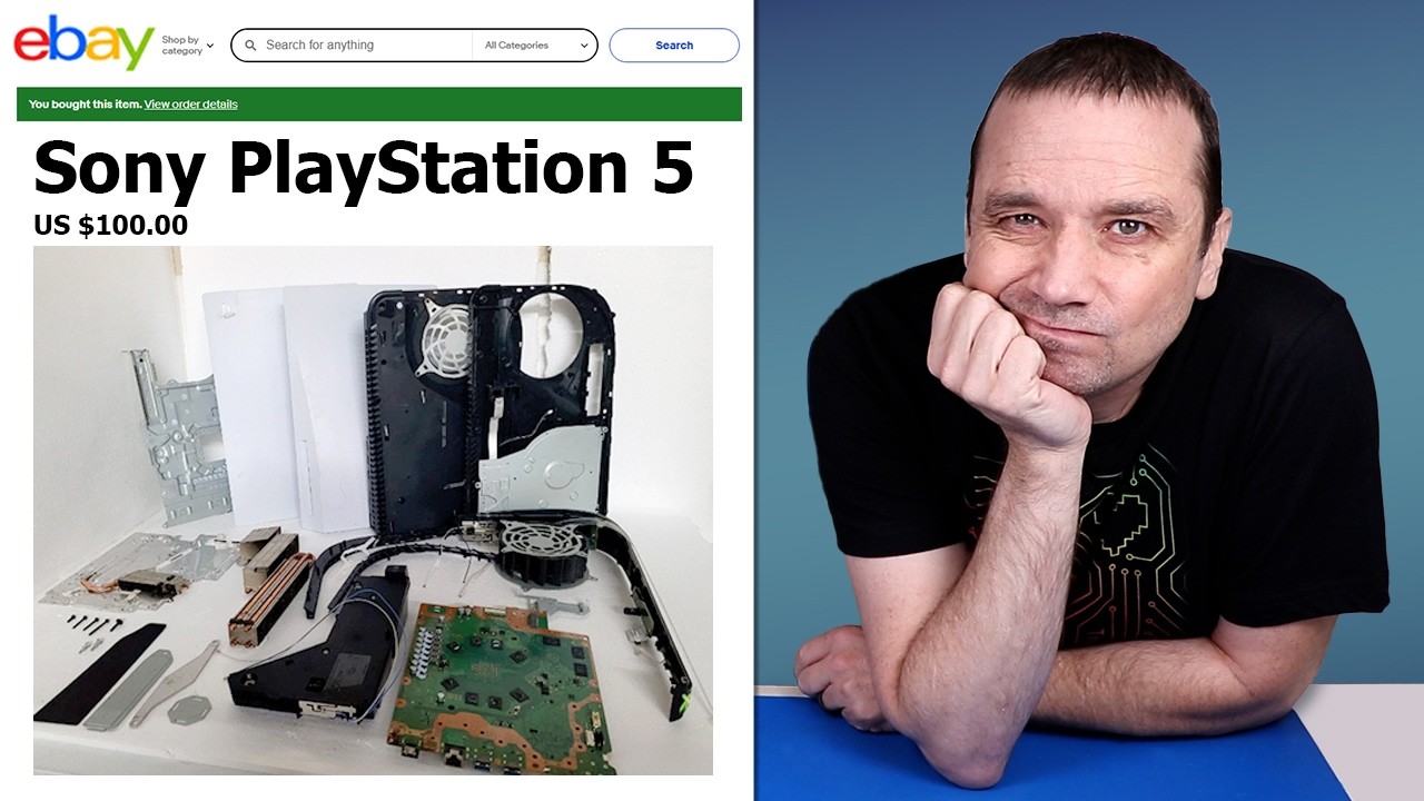 YouTube post by @Tronicsfix for Storyblocks. Caption reads: I Paid $100 For The Brokenest PS5 On eBay - Can I....