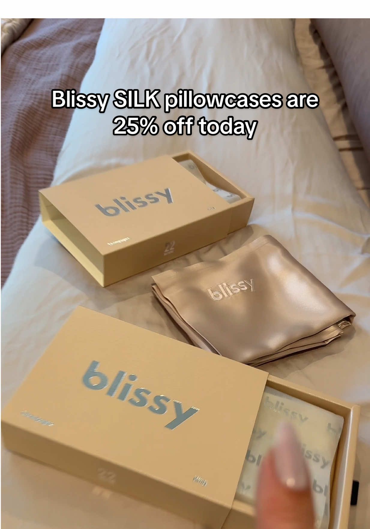 TikTok post by @goodnesshavens for Blissy. Caption reads: Blissy 100% silk pillowcases are 25% off today....