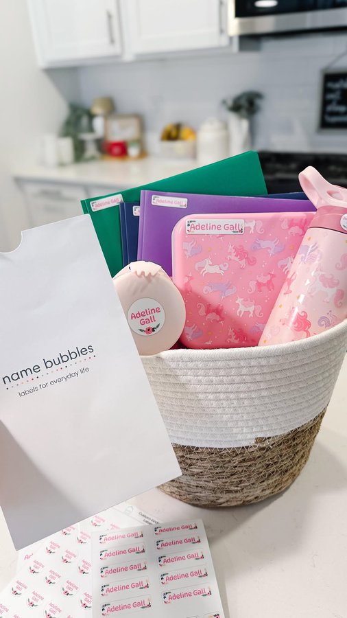 Instagram post by @gall_adventures for Name Bubbles. Caption reads: Back-to-school prep always sneaks up on me, but....