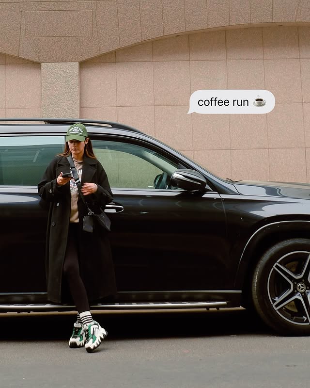 Instagram post by @soundaryathakur for Mercedes-Benz. Caption reads: [...] coffee runs & city drives 🧋....