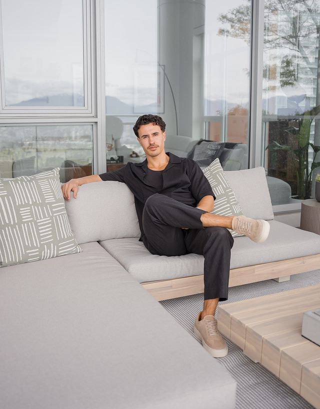 Instagram post by @brandonbalfourr for Article. Caption reads: From bare to a modern cozy patio setup with....