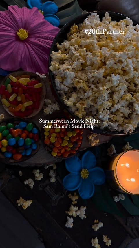 Instagram post by @cozyadk for 20th Century Studios. Caption reads: Kicking off summerween movie nights with Send Help....