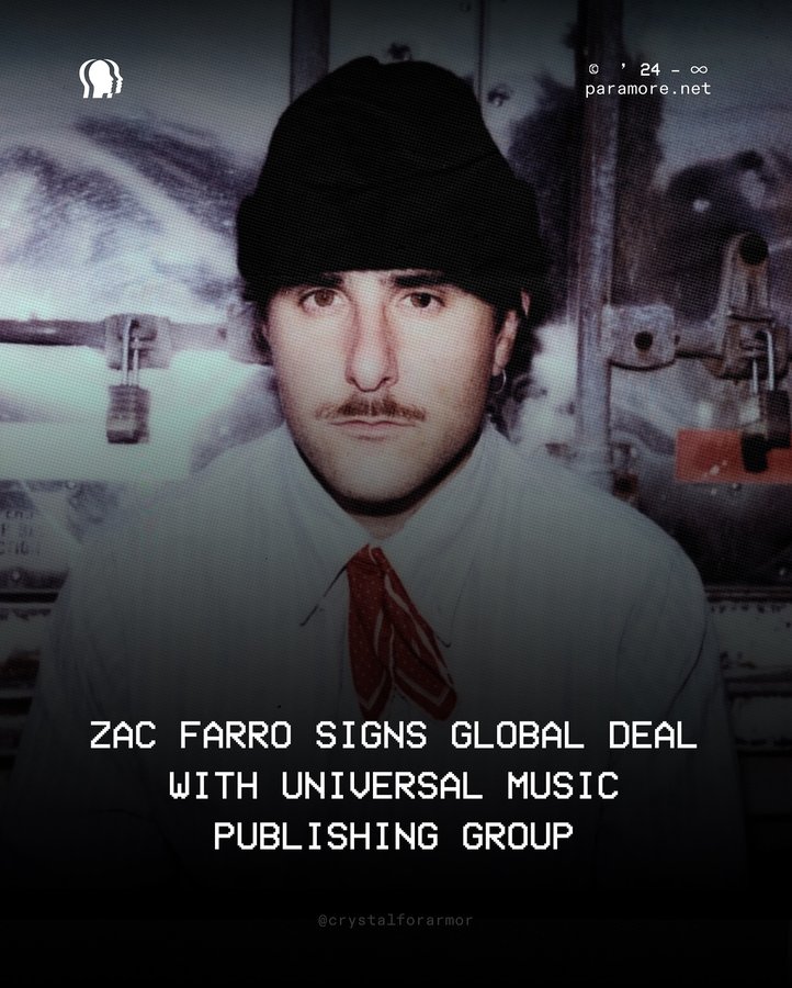 Instagram post by @crystalforarmor for Universal Musiek. Caption reads: #ZacFarro has signed a global publishing deal with....