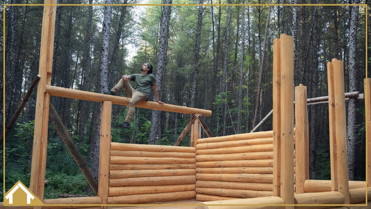 YouTube post by @TrustinTimber for DEWALT. Caption reads: EP16: Self Harvested Log Cabin Build / Raising....