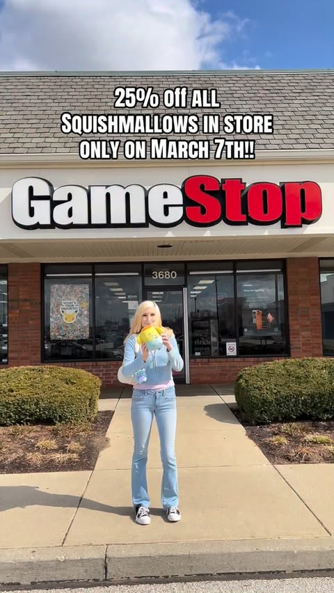 Instagram post by @squishmallow_addict for GameStop. Caption reads: GameStop is celebrating Squishmallows Day with a....