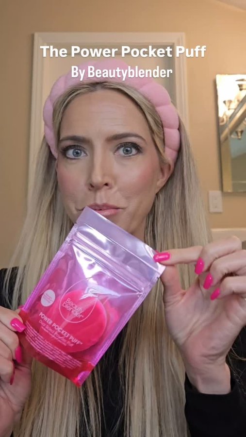 Instagram post by @tallmomstyle for Beautyblender. Caption reads: Meet the Power Pocket Puff by Beautyblender. This....