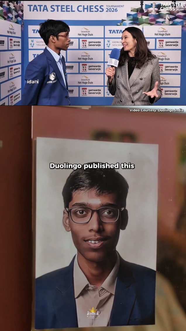 Instagram post by @almightychess for Duolingo. Caption reads: Pragg shares his Duolingo Ad. experience 😍❤️....