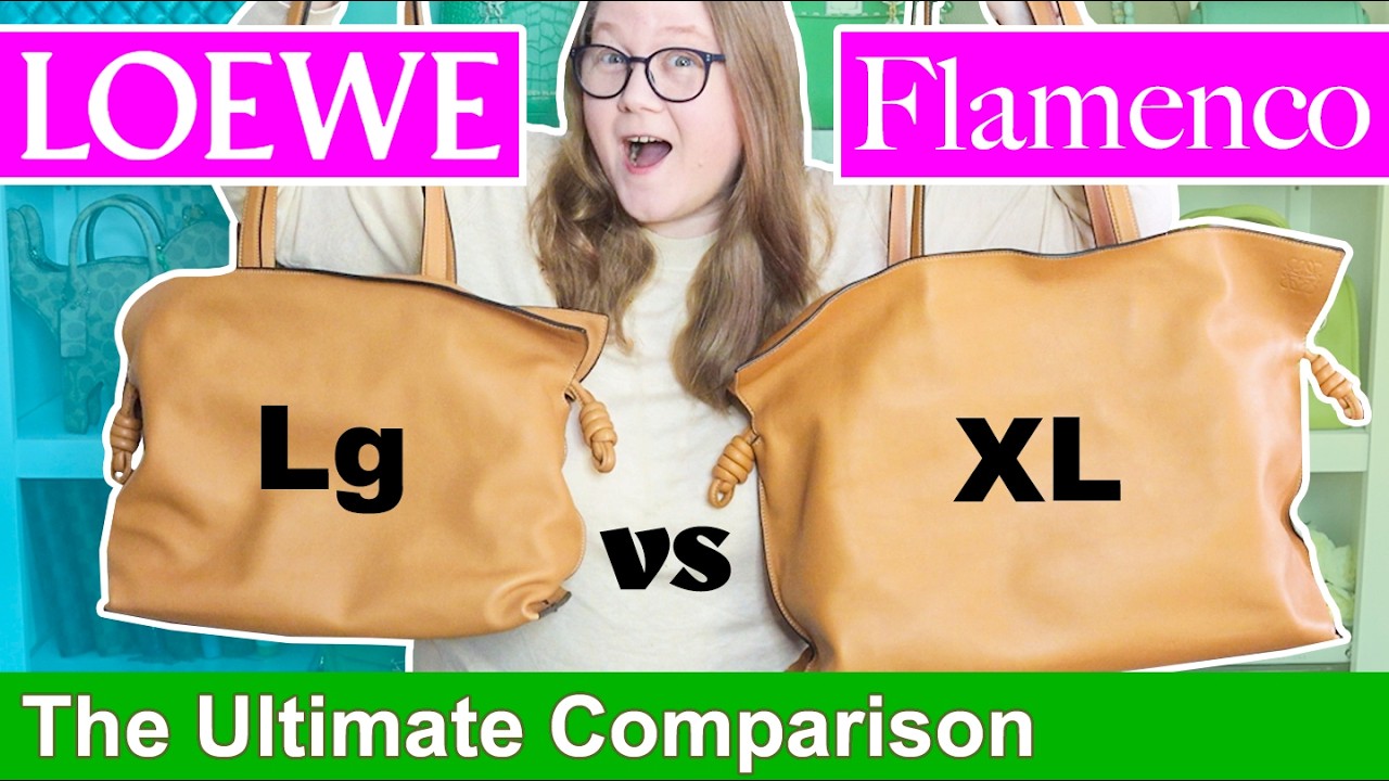 YouTube post by @AutumnBeckman for PayPal Honey. Caption reads: Loewe Flamenco Large vs Extra Large Clutch/Tote:....