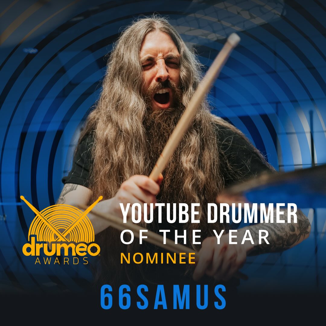 Instagram post by @66samus for Elgato. Caption reads: I’ve been nominated for a Drumeo award! 🤯🤘 click....
