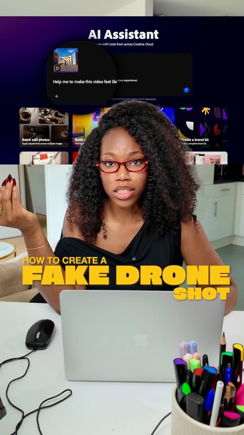 Instagram post by @teeyanaaromi for Adobe Live Community. Caption reads: How I Created This FAKE Drone shot ✈️📸 using....