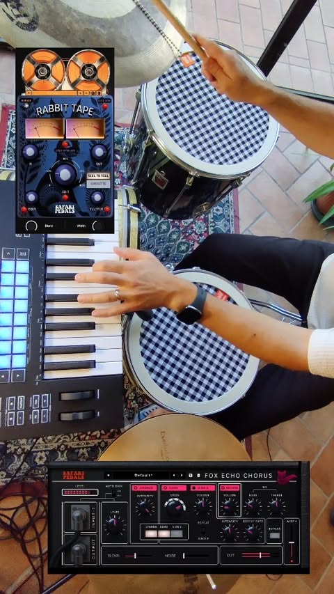 Instagram post by @ridethenoise.music for Safari Pedals. Caption reads: [...] sound out of these two plugins by....