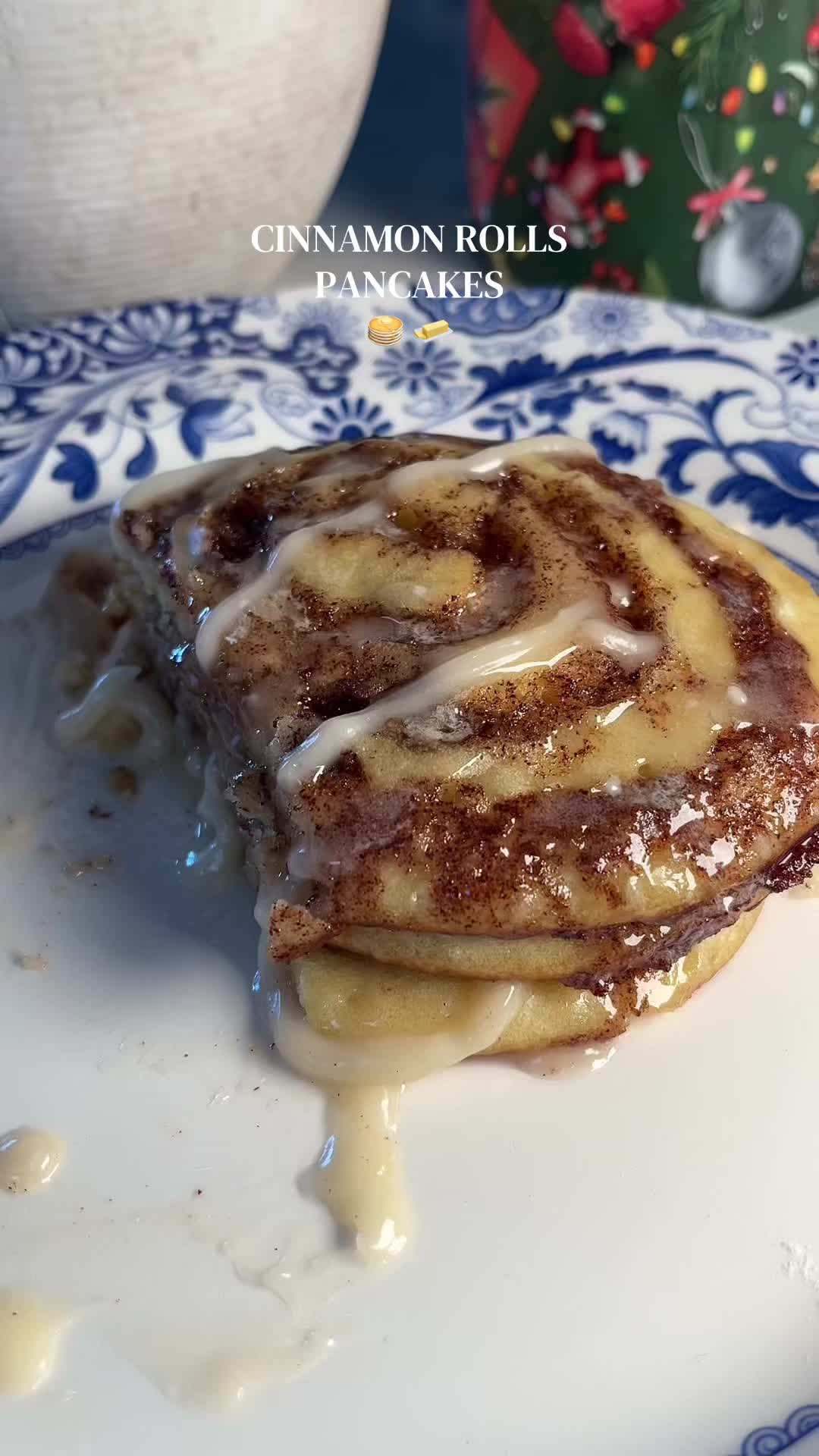 TikTok post by @kvaleriaevans for Caraway Home. Caption reads: Cinnamon roll pancakes. Easy and delicious. Making....