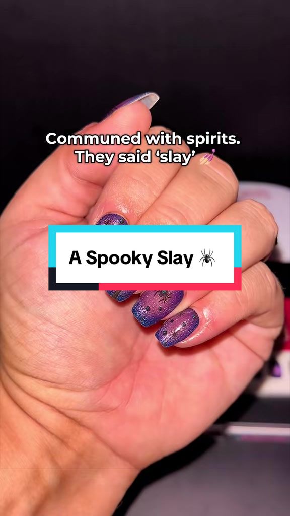 TikTok post by @itsjustbubblesx for Holy Gels. Caption reads: SUCH A #spooky slay 👻🕷️ @Holy Gels 💅🏼 style:....