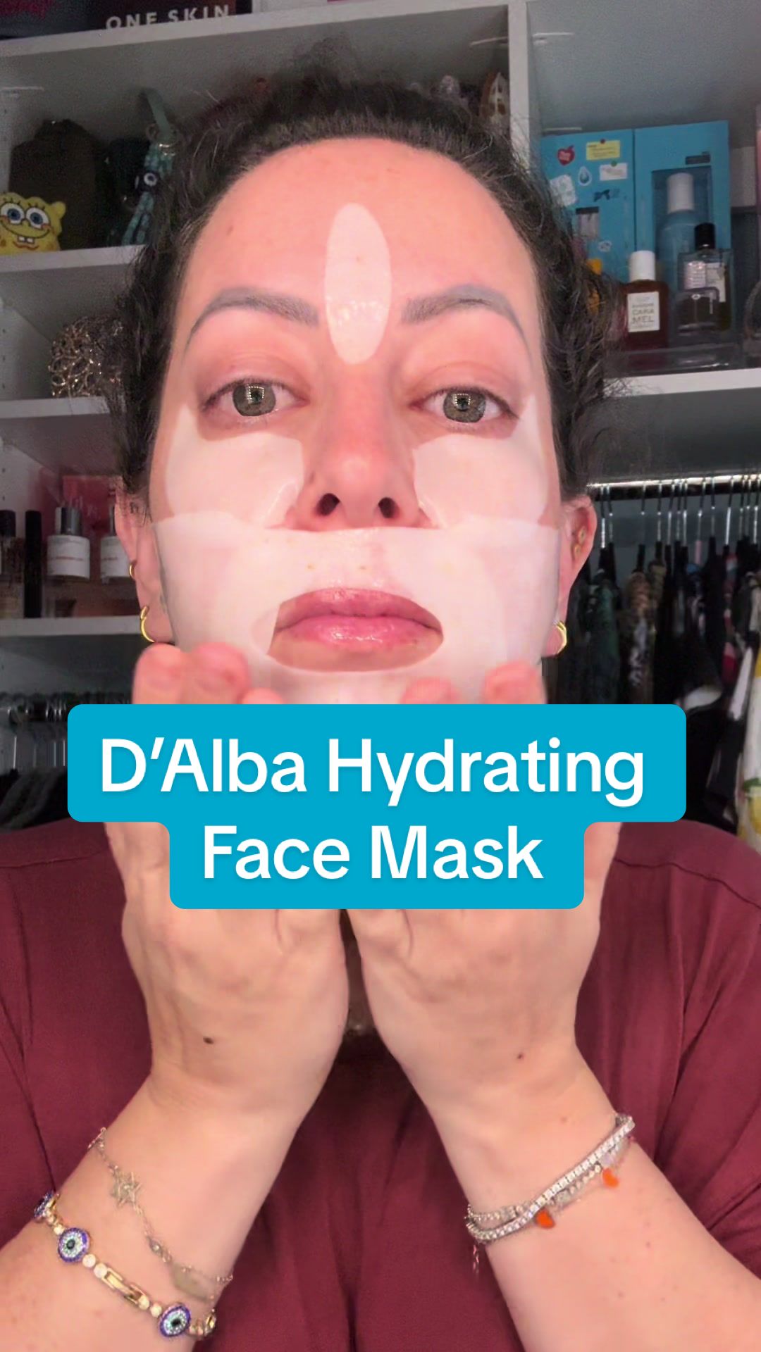 TikTok post by @realmelindaupclose for d’Alba. Caption reads: @d’Alba US face mask is linked in my tiktok [...].