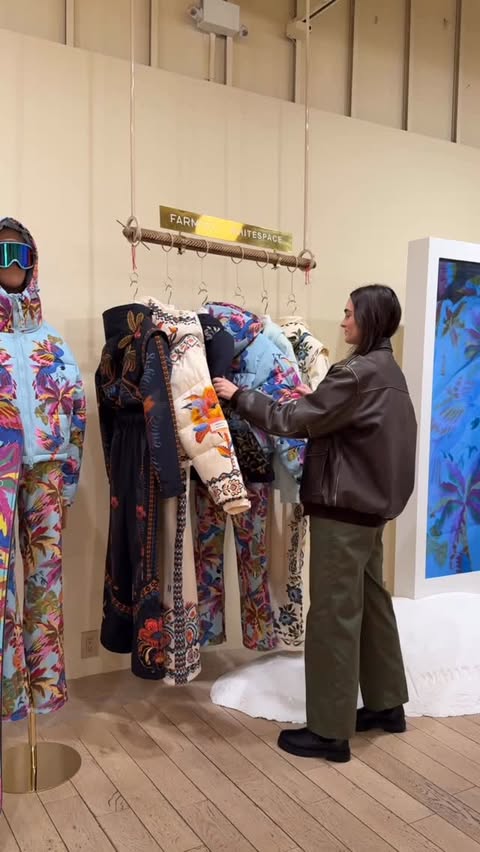 Instagram post by @georgiamweeks for FARM Rio. Caption reads: come get après ready @farmrio Soho #ad.