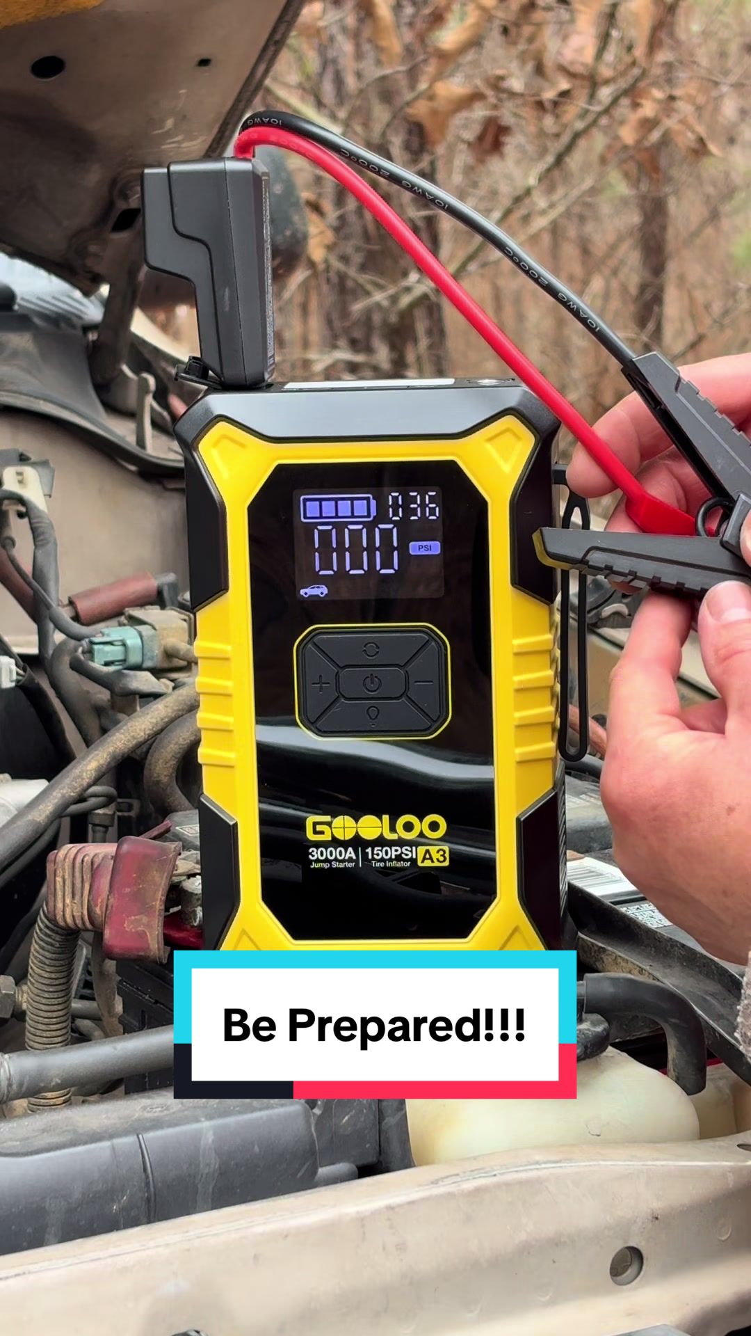 TikTok post by @martyamerritt for GOOLOO Deutschland. Caption reads: #portablecarbatteryjumpstarter....