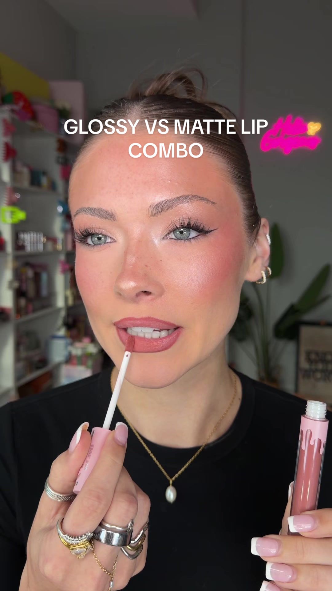 TikTok post by @kayla.ryann for Kylie Cosmetics. Caption reads: why are matte lips lowkey growing on me 😗💅🏼....