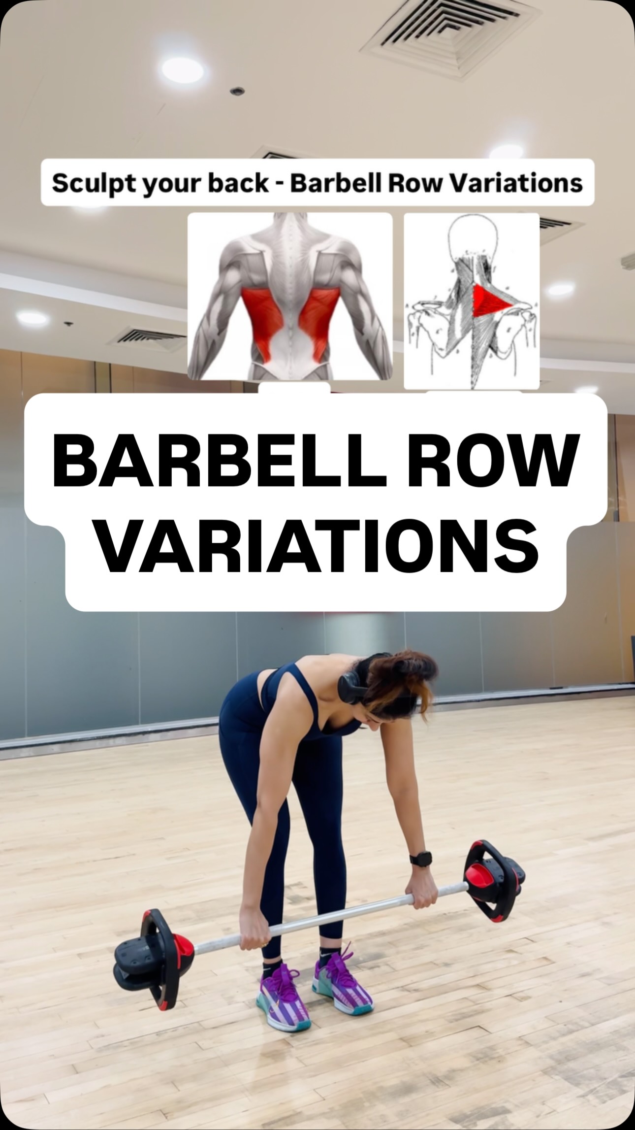 Instagram post by @ps_ladymaverick for Fanka. Caption reads: Barbell Row Variations 💪
Sculpt Your Back — Know....