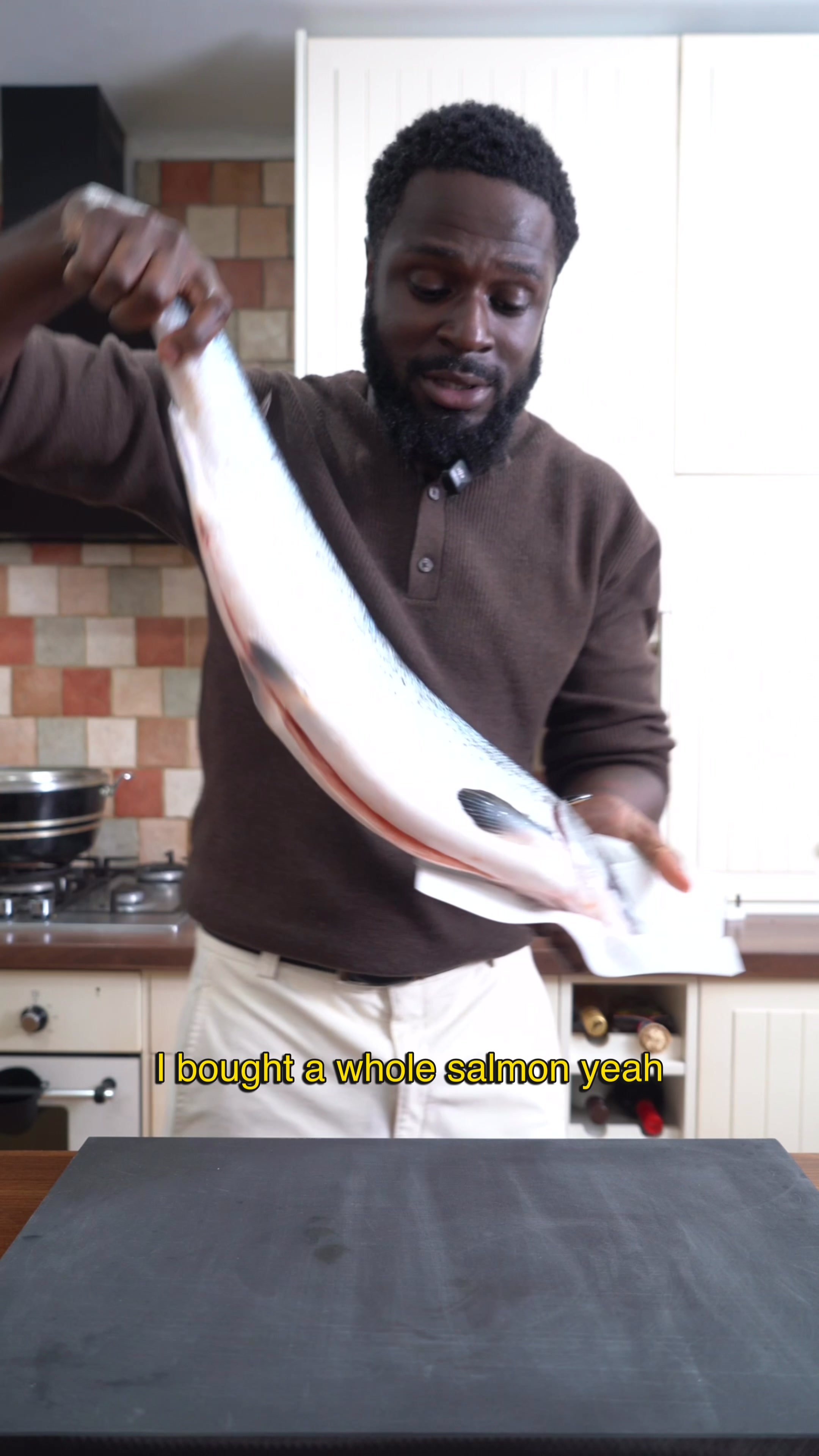 TikTok post by @chefttk for Morrisons. Caption reads: Bought a whole salmon for £17.09 from @Morrisons |....