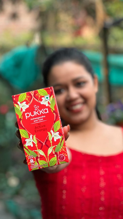 Instagram post by @journeywithpuja for Pukka Herbs. Caption reads: Feeling low on energy? Pukka Active Energy got you....