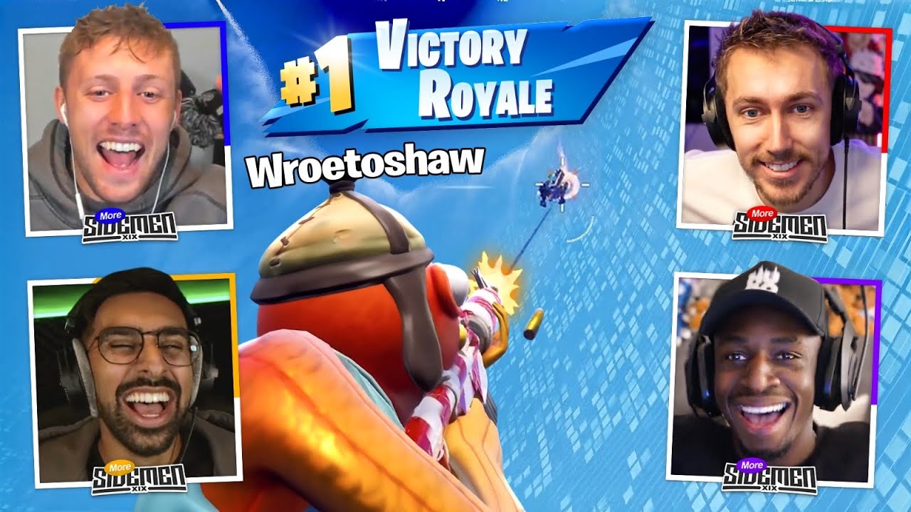 YouTube post by @MoreSidemen for XIX Vodka. Caption reads: SIDEMEN PLAY FORTNITE UNTIL WE WIN.