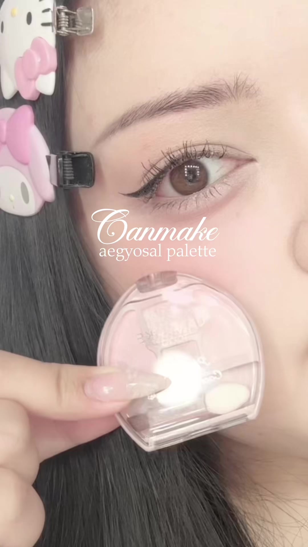 TikTok post by @jellijin for CANMAKE USA. Caption reads: shade: 02 | this tiny aegyosal palette is so....