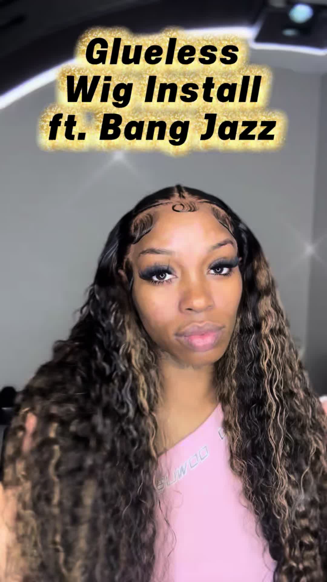 TikTok post by @wolfkewchie for Bangjazzhair. Caption reads: Wig install: @Glamgalore🩷 Wig: @bangjazzhair Hair....
