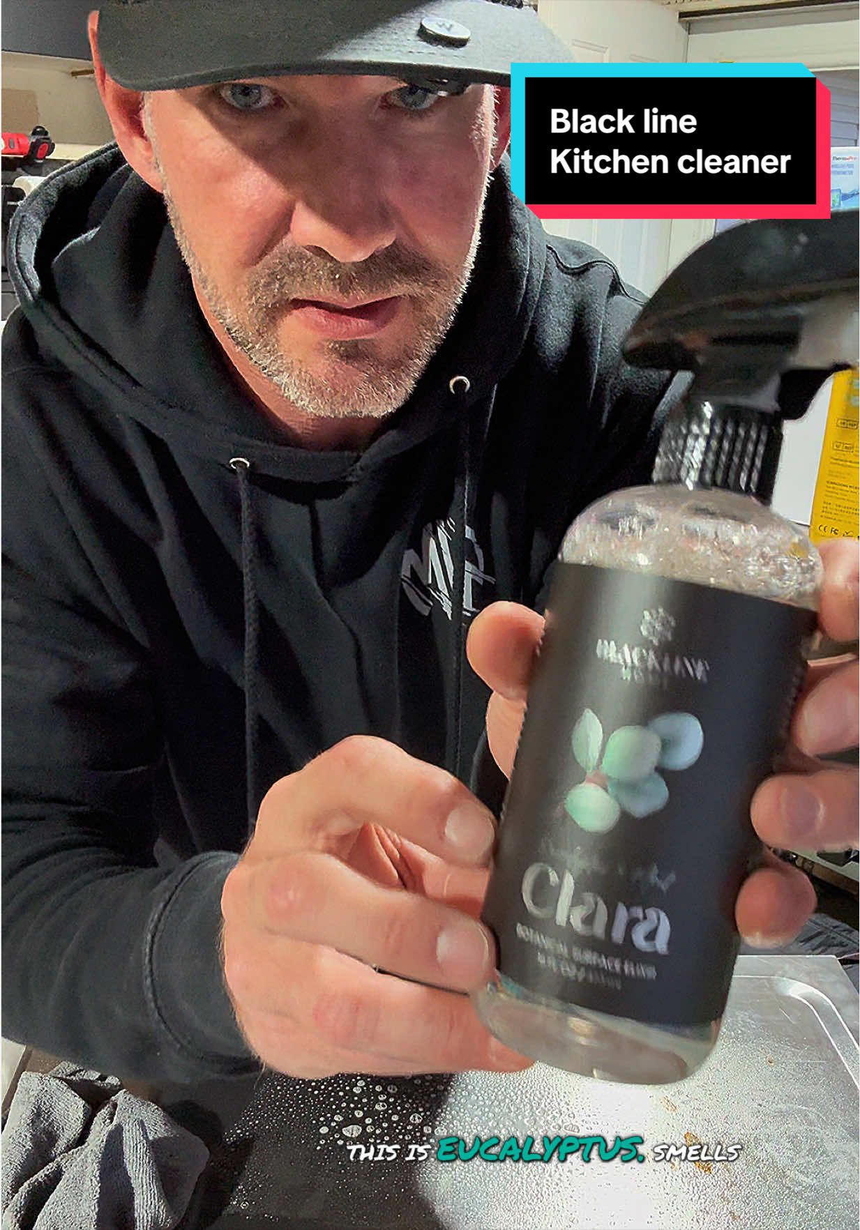 TikTok post by @19battlecat82 for Blackline Car Care. Caption reads: BLACKLINE Clara Home Cleaner – Plant-Based....