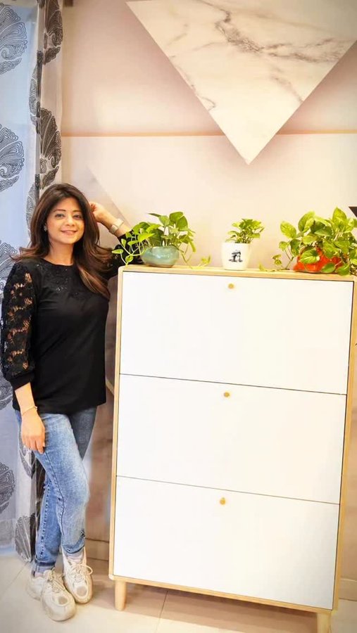 Instagram post by @shef_tales for The Artment. Caption reads: The Sanctum 3 Door Drawer Wooden Shoe Organizer....