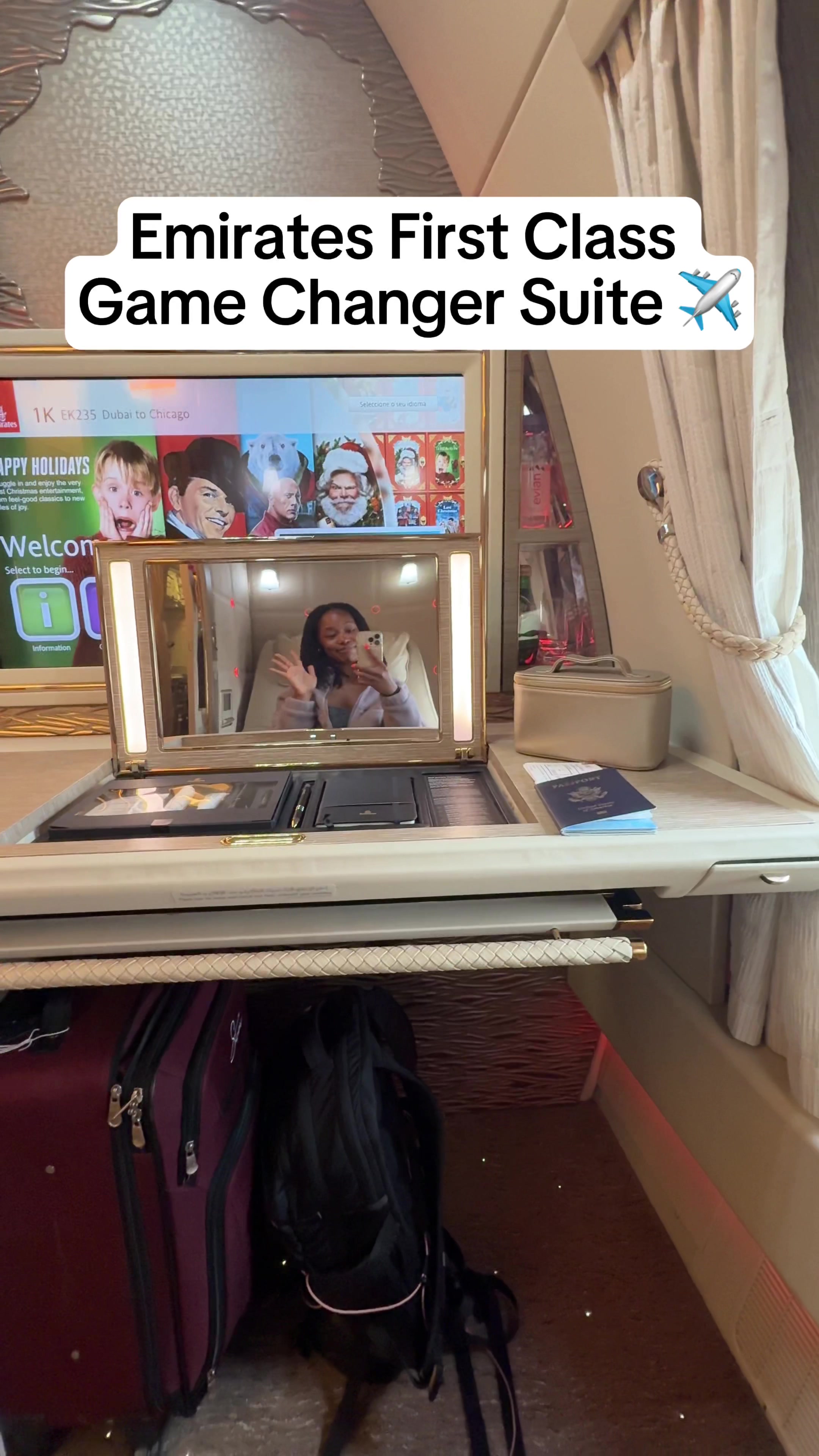 TikTok post by @project.s.lifestyle for Emirates. Caption reads: The Emirates First Class Game Changer Suite is in....