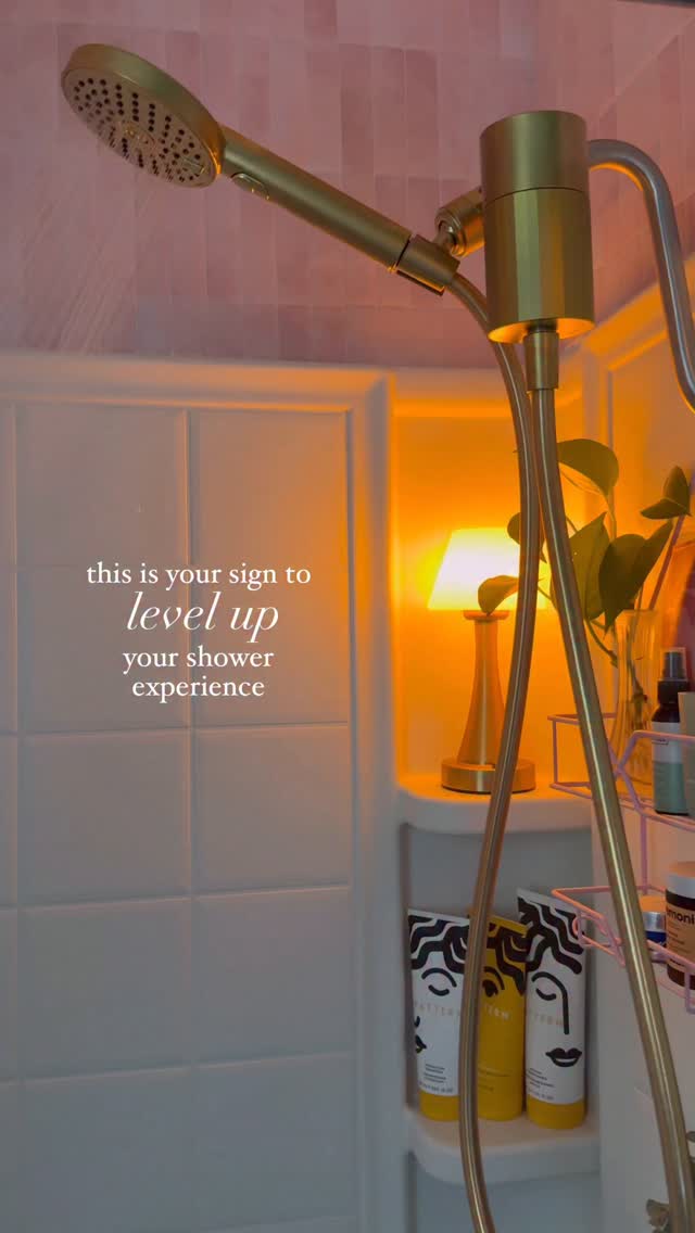 Instagram post by @goldenhourabode for Sproos. Caption reads: [...] lighting & a cute new shower head from....