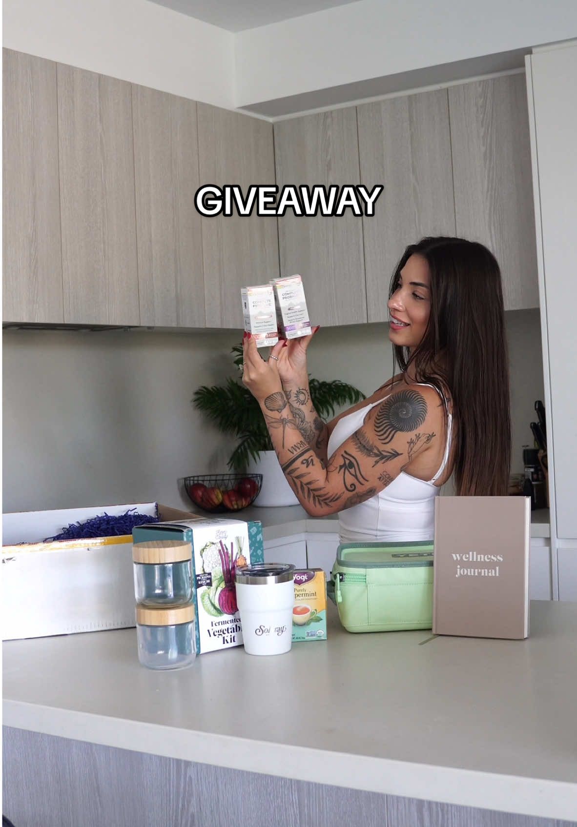 TikTok post by @fitsara for Solaray. Caption reads: happy gut = happy life GIVEAWAY 🌿 #solaraypartner....