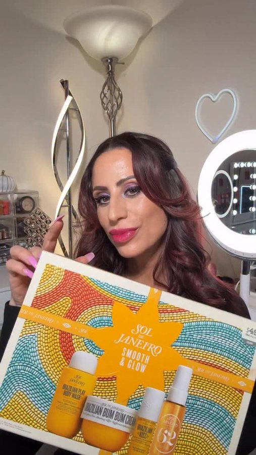 Instagram post by @makeupbysharonjoy for Sol de Janeiro. Caption reads: Sol De Janeiro’s Holiday Sets are HERE! And guess....