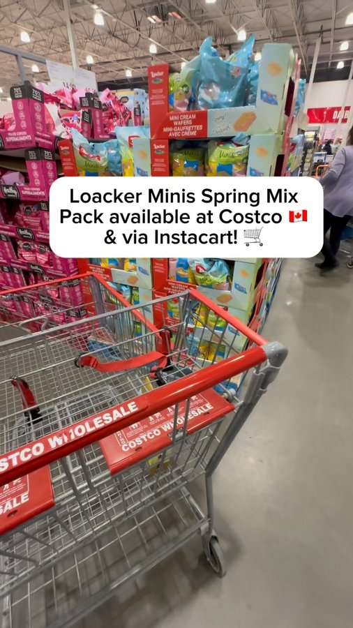 Instagram post by @costcofindsca for Loacker. Caption reads: Loacker Minis Spring Mix Pack is NOW available....