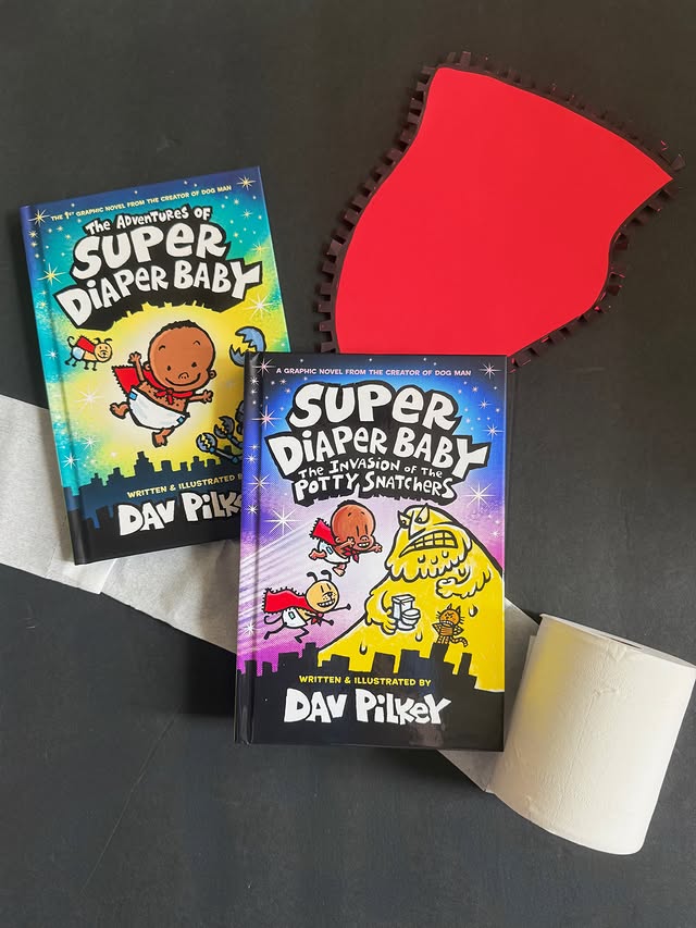 Instagram post by @aneedleinmybookstack for Scholastic. Caption reads: [...] Super Diaper Baby 2 Blue Sky....