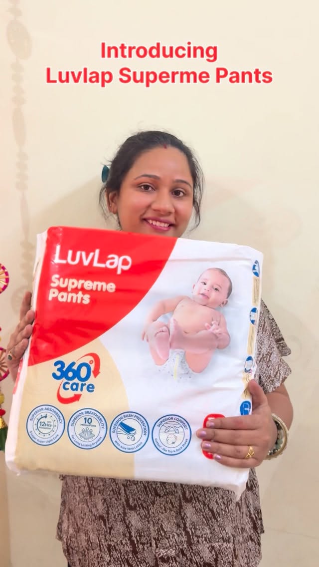 Instagram post by @tejaswanivlogs for LuvLap. Caption reads: Soft, comfy & super absorbent — just like my baby....